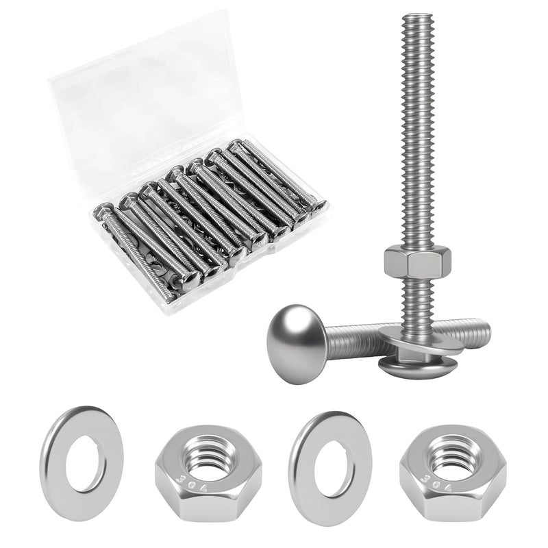 MroMax 1/4-20 x 3 Carriage Bolt Kit, 14 Sets Carriage Screws with Hex Nuts and Flat Washers, Stainless Steel 18-8(304) Round Head Square Neck Screw, Fully Threaded, Coarse - Image 1